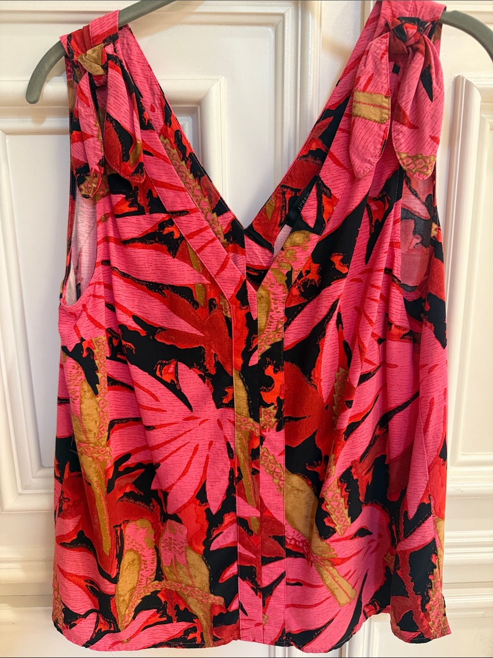 J. Crew Pink and Black Tropical V-Neck Tank with Gold Accents